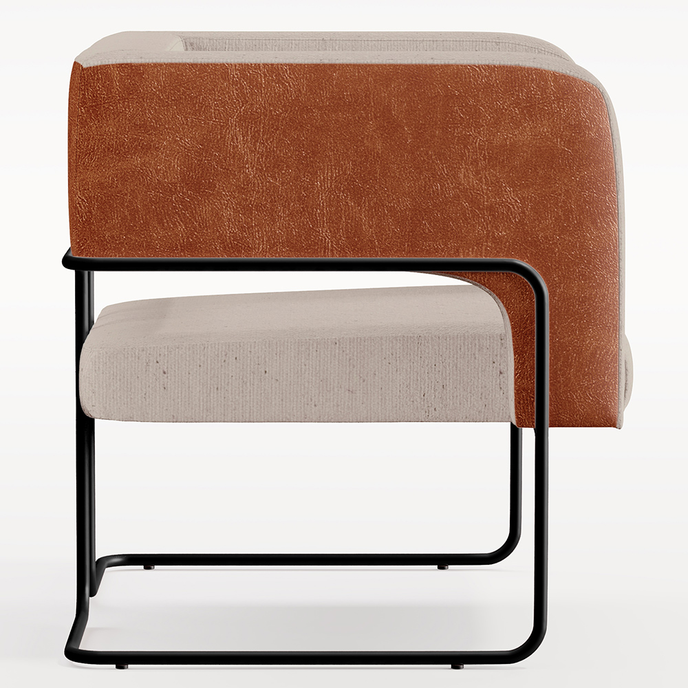 Poltrona Decorativa Scarlett D02 Base Aço Preto Couríssimo Camel B-14 Linho Bege C-107 - Lyam Decor