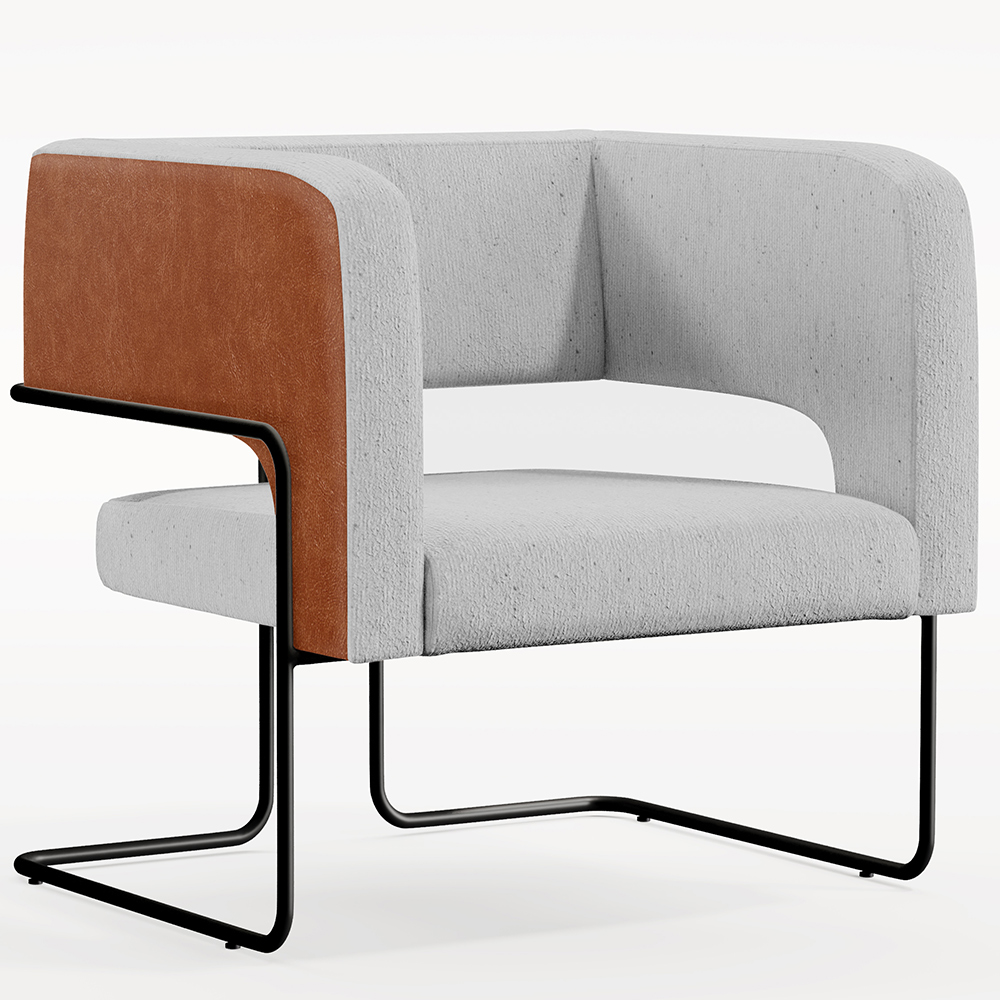 Poltrona Decorativa Scarlett D02 Base Aço Preto Couríssimo Camel B-14 Linho Cinza D-315 - Lyam Decor