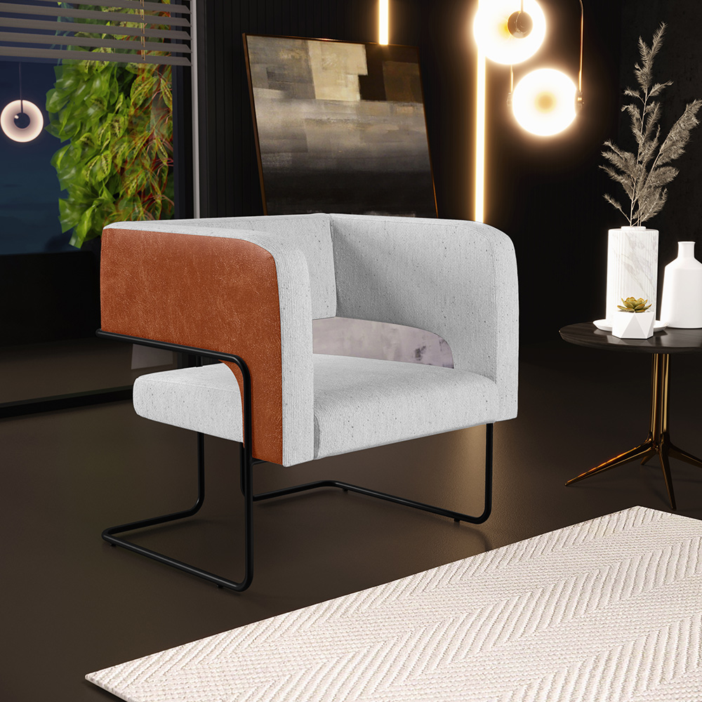 Poltrona Decorativa Scarlett D02 Base Aço Preto Couríssimo Camel B-14 Linho Cinza D-315 - Lyam Decor