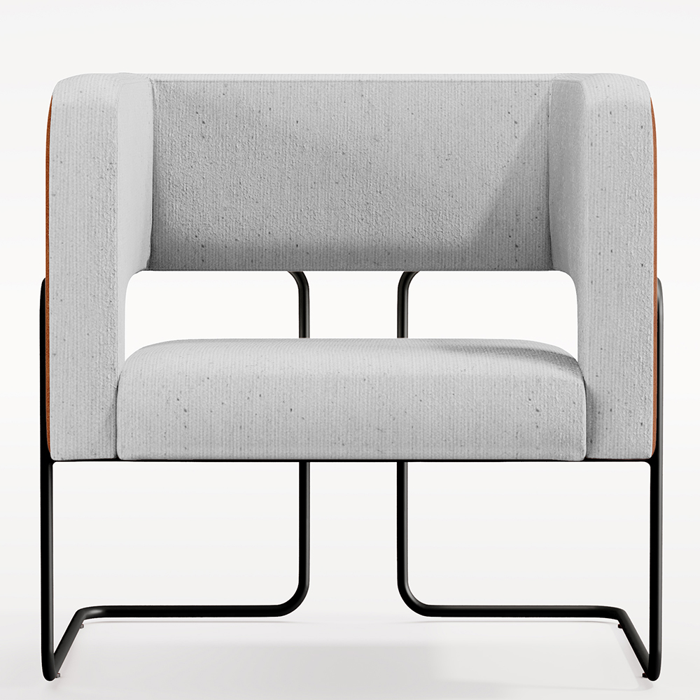 Poltrona Decorativa Scarlett D02 Base Aço Preto Couríssimo Camel B-14 Linho Cinza D-315 - Lyam Decor