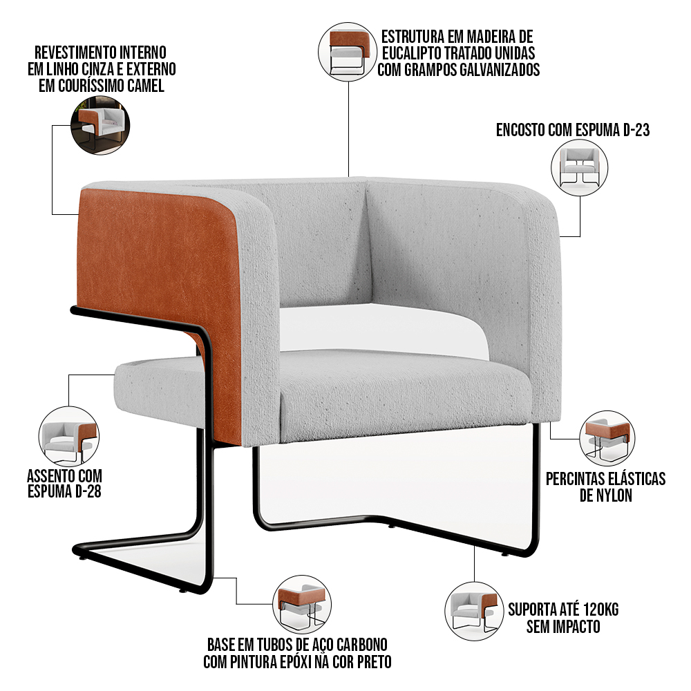 Poltrona Decorativa Scarlett D02 Base Aço Preto Couríssimo Camel B-14 Linho Cinza D-315 - Lyam Decor