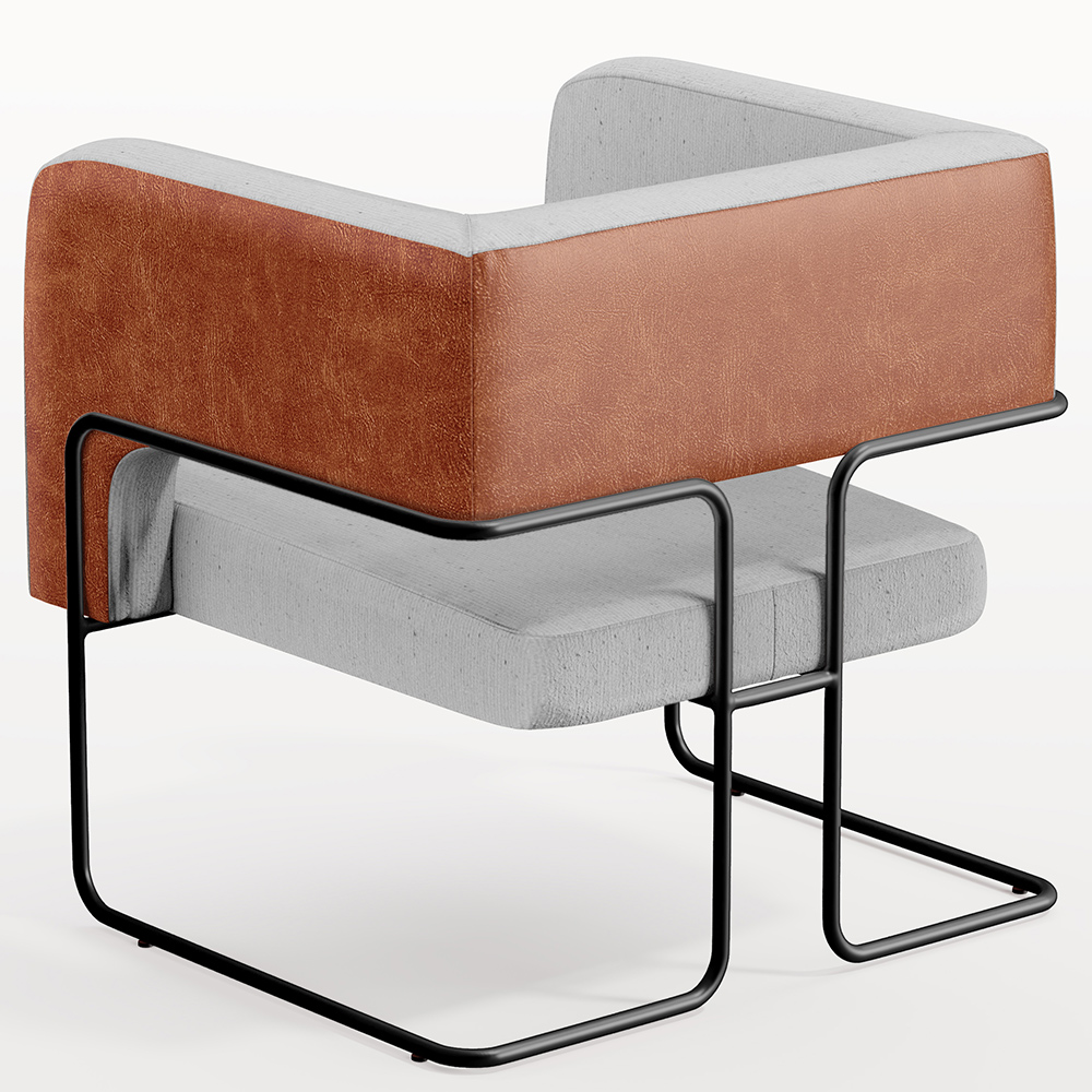 Poltrona Decorativa Scarlett D02 Base Aço Preto Couríssimo Camel B-14 Linho Cinza D-315 - Lyam Decor