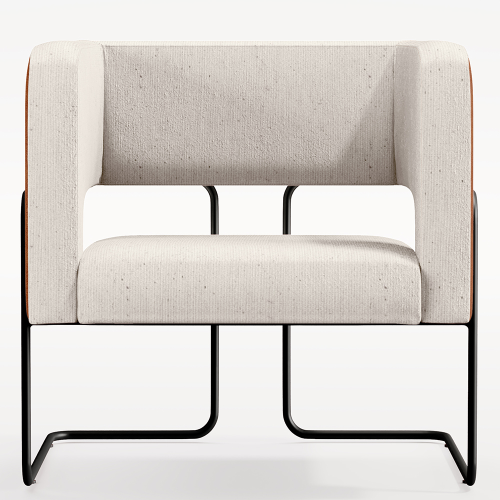 Poltrona Decorativa Scarlett D02 Base Aço Preto Couríssimo Camel B-14 Linho Cru C-443 - Lyam Decor