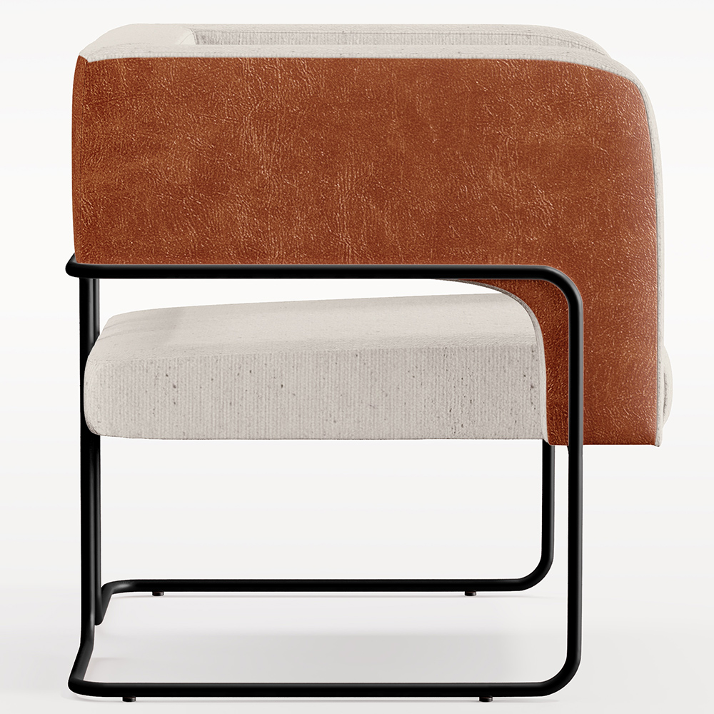 Poltrona Decorativa Scarlett D02 Base Aço Preto Couríssimo Camel B-14 Linho Cru C-443 - Lyam Decor