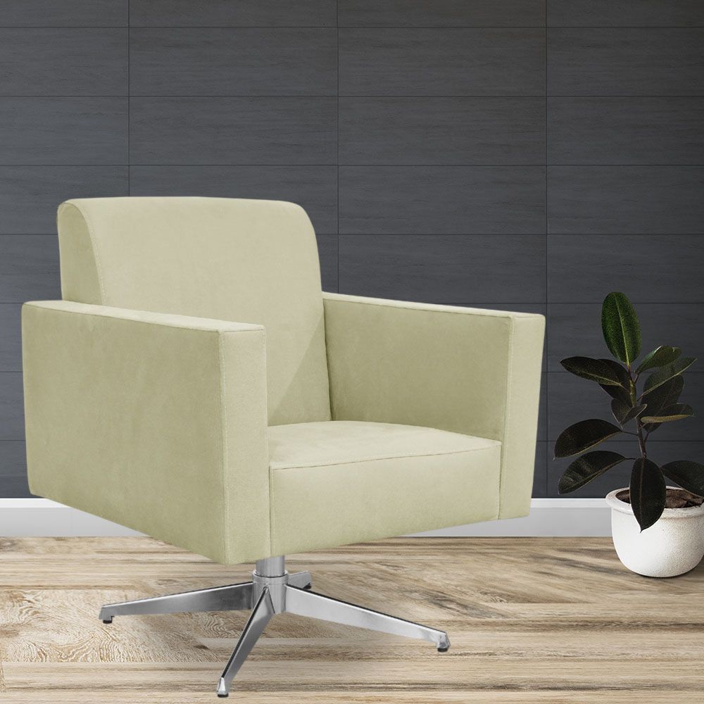 Poltrona Decorativa com Base Giratória Para Sala de Estar Helô L02 Suede Bege - Lyam Decor