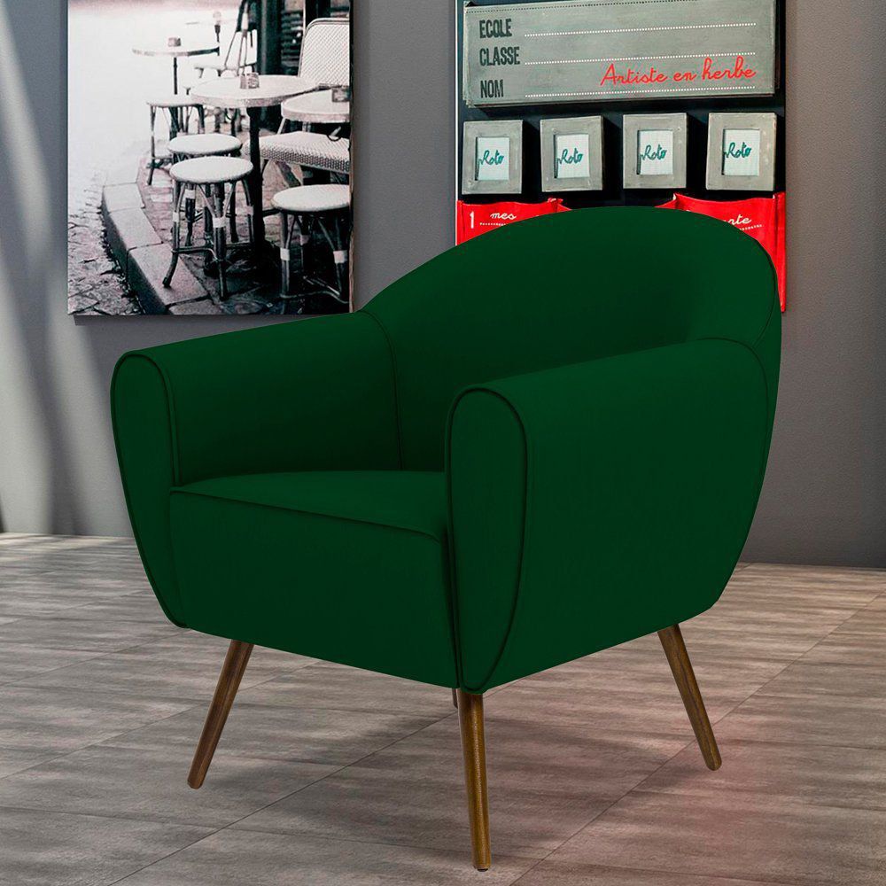 Poltrona Decorativa com Pés Palito Nina D02 Veludo Verde Liso C-303 - Lyam Decor