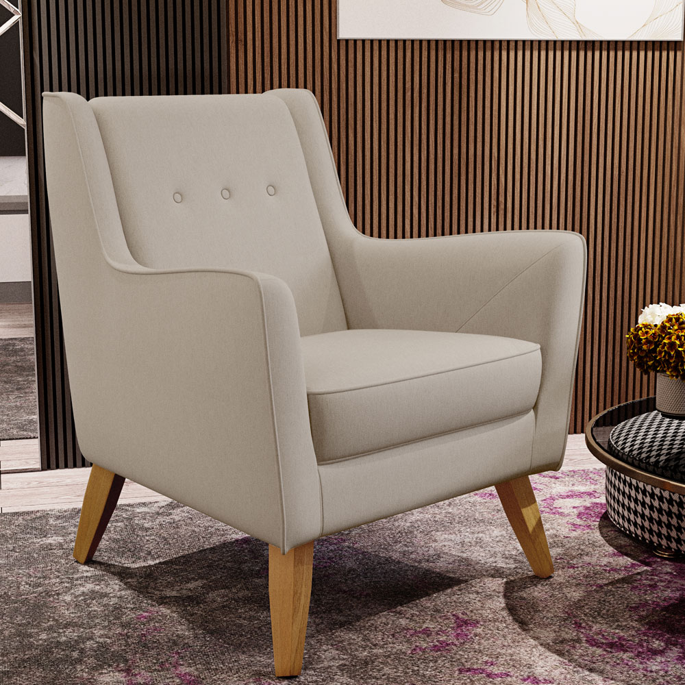 Poltrona Decorativa com Pés de Madeira Taroba D02 Linho Bege C-107 - Lyam Decor
