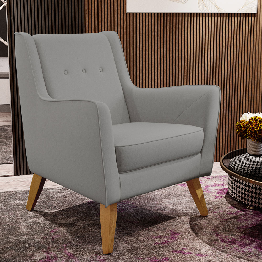 Poltrona Decorativa com Pés de Madeira Taroba D02 Linho Cinza Escuro C-416 - Lyam Decor