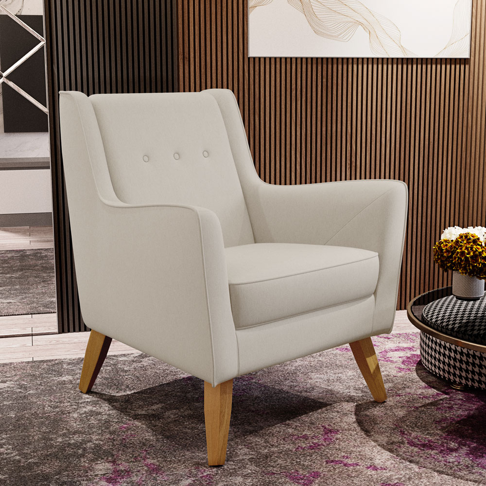 Poltrona Decorativa com Pés de Madeira Taroba D02 Linho Cru C-443 - Lyam Decor