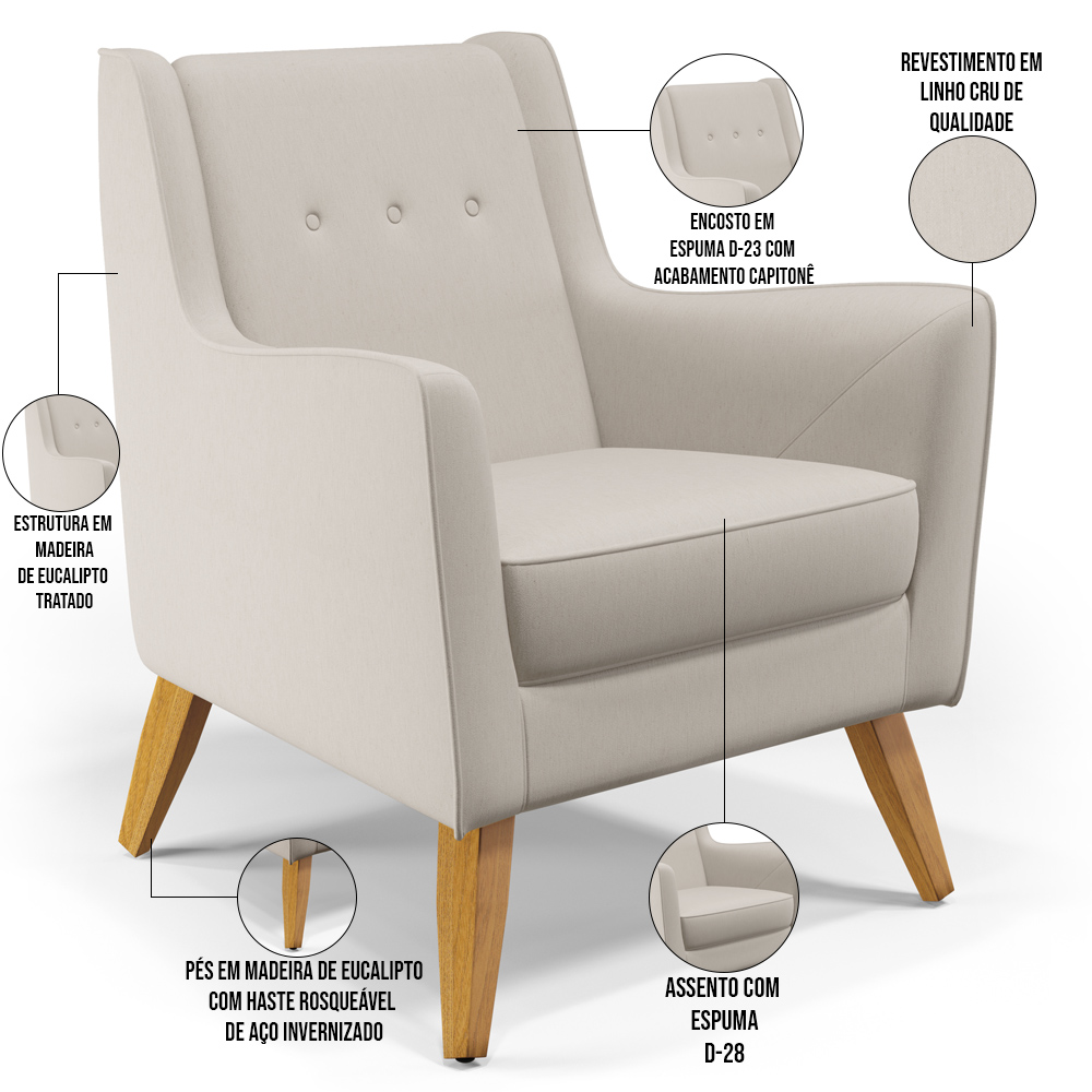 Poltrona Decorativa com Pés de Madeira Taroba D02 Linho Cru C-443 - Lyam Decor