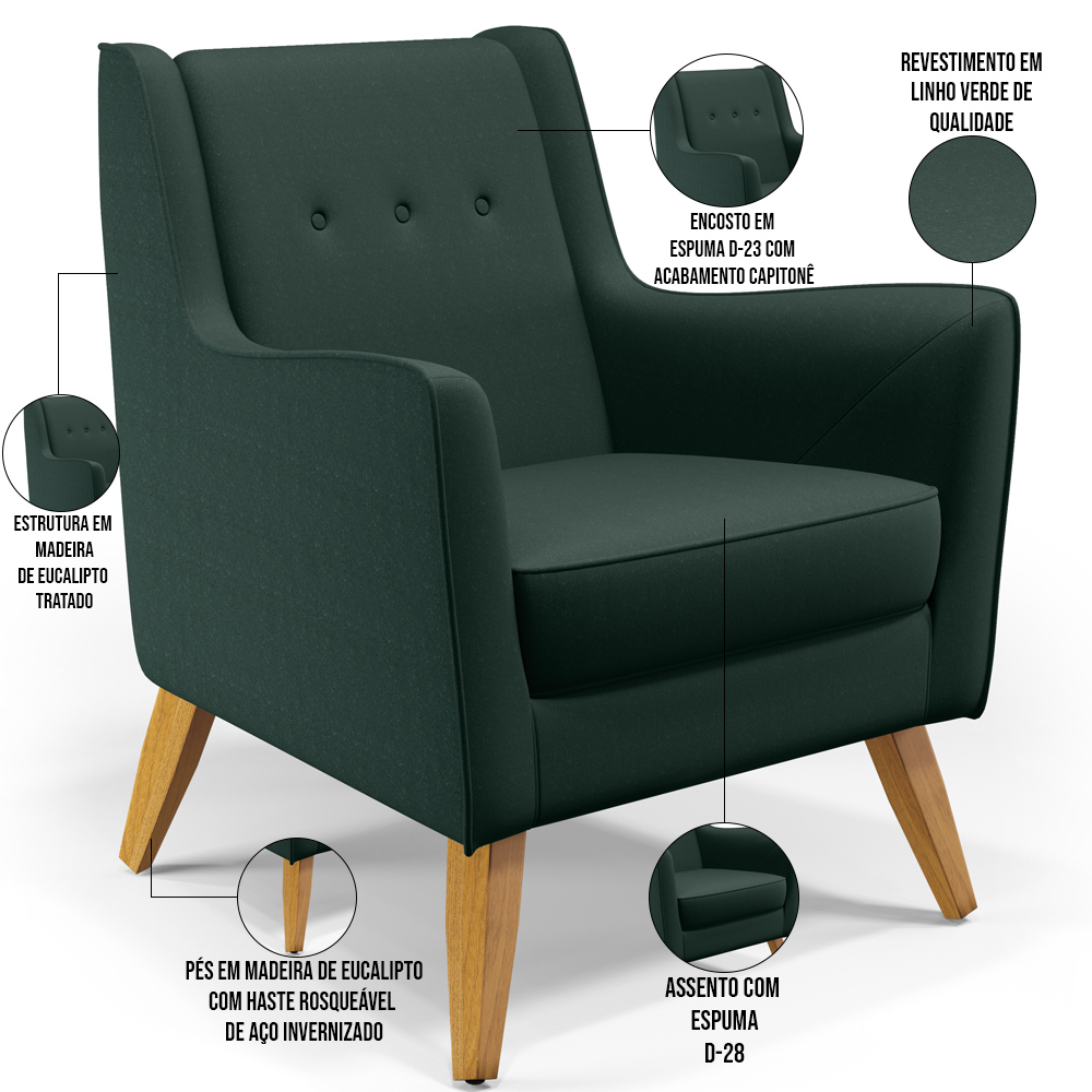 Poltrona Decorativa com Pés de Madeira Taroba D02 Linho Verde C-117 - Lyam Decor