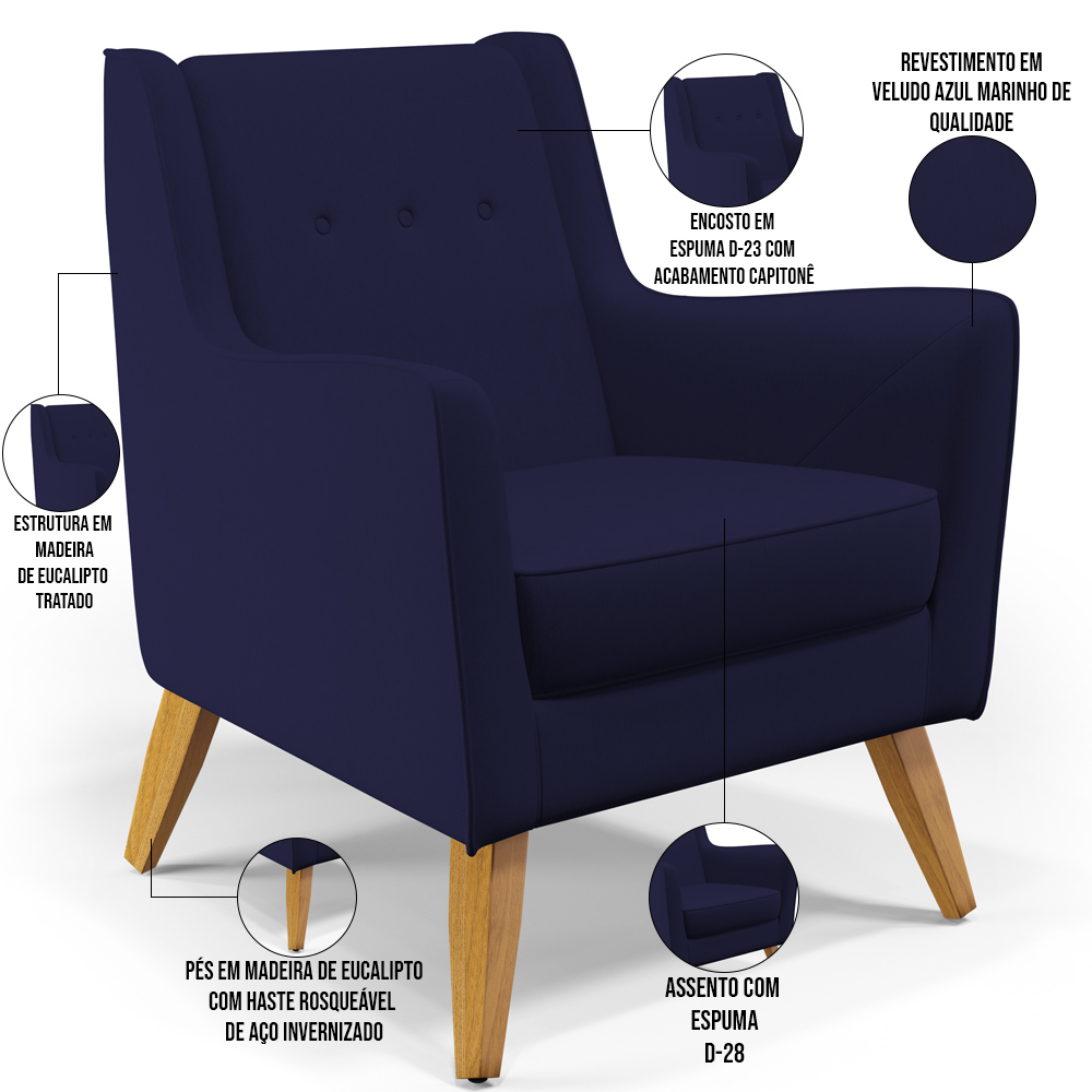Poltrona Decorativa com Pés de Madeira Taroba D02 Veludo Azul Marinho C-304 - Lyam Decor