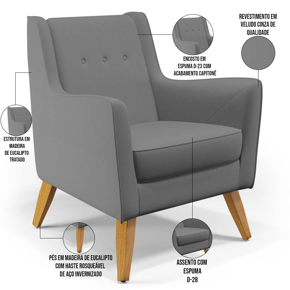 Poltrona Decorativa com Pés de Madeira Taroba D02 Veludo Cinza C-317 - Lyam Decor