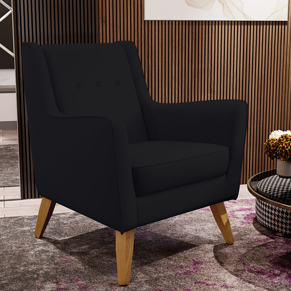 Poltrona Decorativa com Pés de Madeira Taroba D02 Veludo Preto C-300 - Lyam Decor