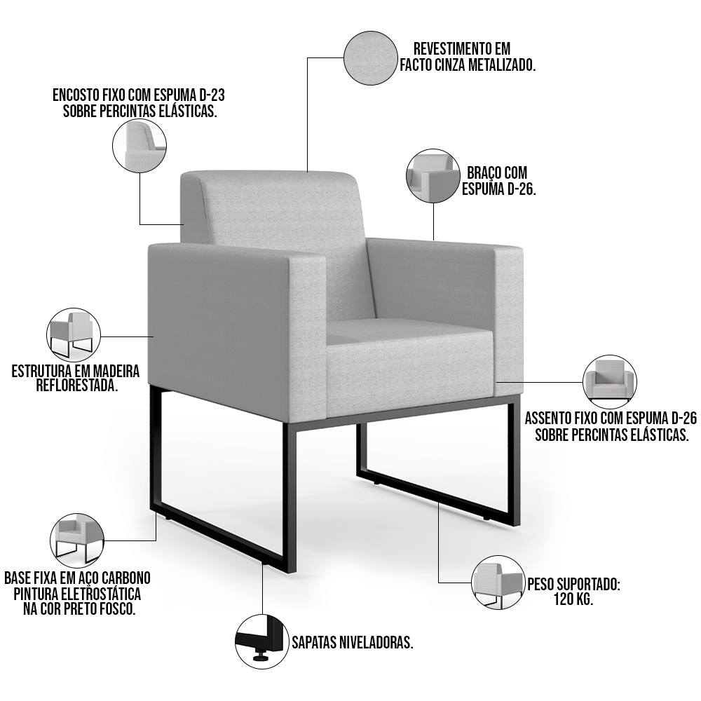 Poltrona Para Sala De Estar Base Fixa De Metal Helô L02 Facto Cinza Metalizado - Lyam Decor