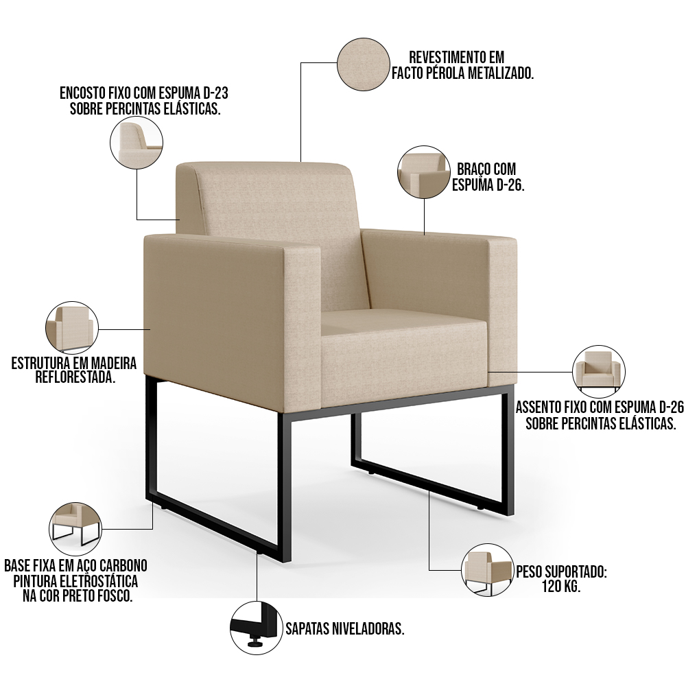 Poltrona Para Sala De Estar Base Fixa De Metal Helô L02 Facto Pérola Metalizado - Lyam Decor