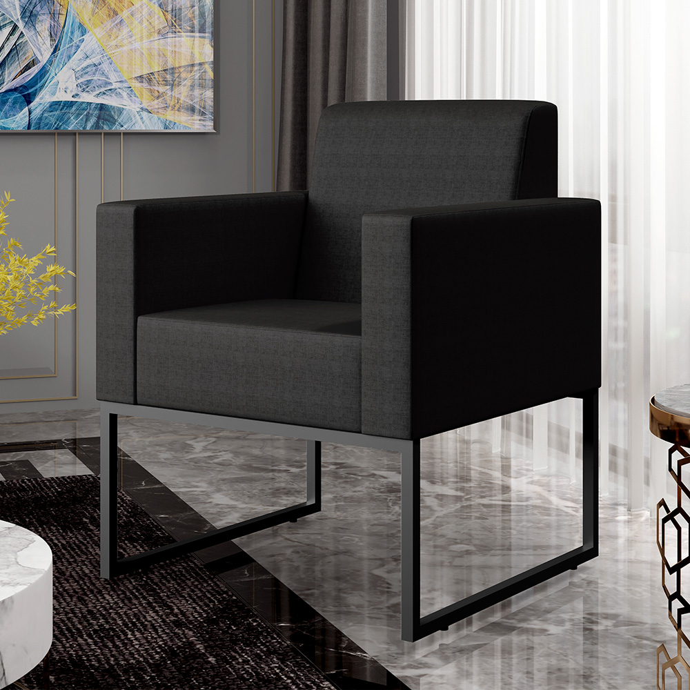 Poltrona Para Sala De Estar Base Fixa De Metal Helô L02 Facto Preto Metalizado - Lyam Decor