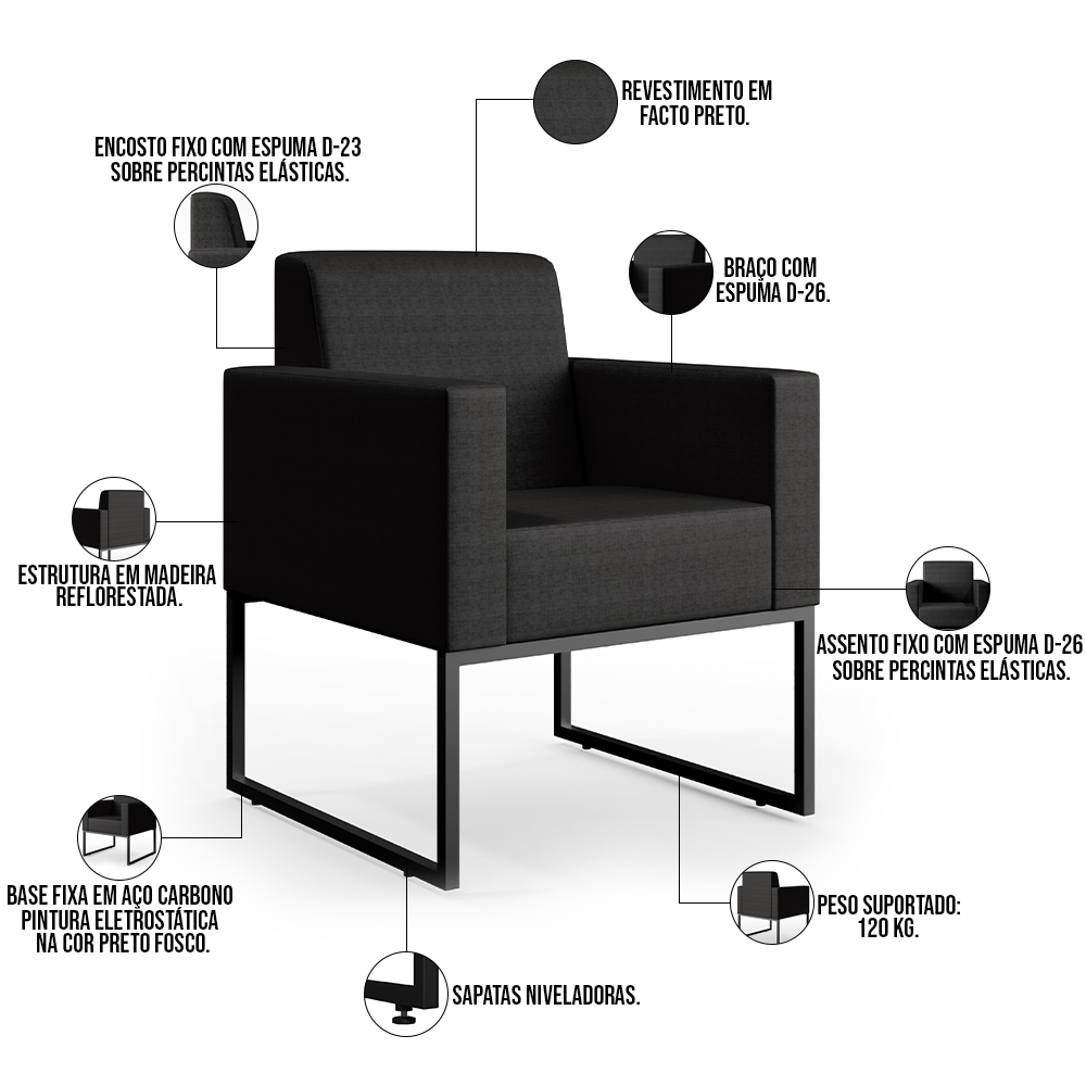 Poltrona Para Sala De Estar Base Fixa De Metal Helô L02 Facto Preto Metalizado - Lyam Decor