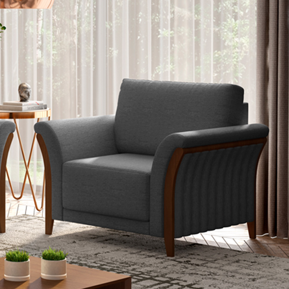 Poltrona Para Sala De Estar Decorativa Base Fixa Stefan M03 Linho Chumbo - Lyam Decor