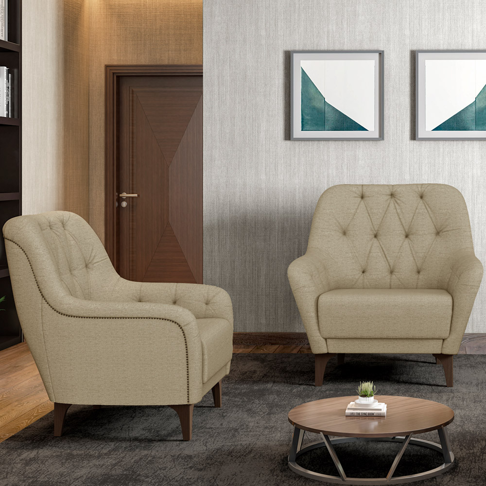 Poltrona Para Sala De Estar Decorativa Com Tachas Base Fixa Blenda M03 Linho Bege Escuro - Lyam Decor