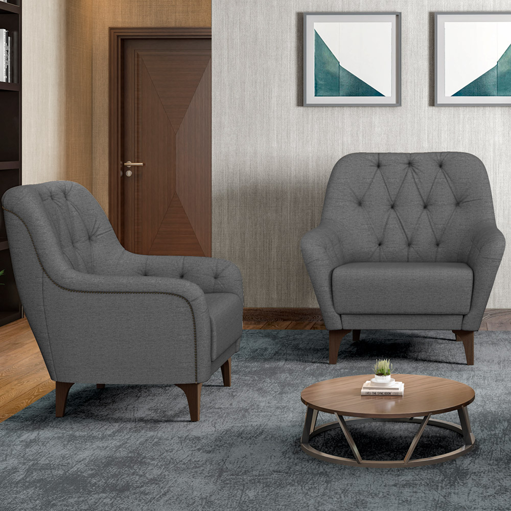 Poltrona Para Sala De Estar Decorativa Com Tachas Base Fixa Blenda M03 Linho Chumbo - Lyam Decor
