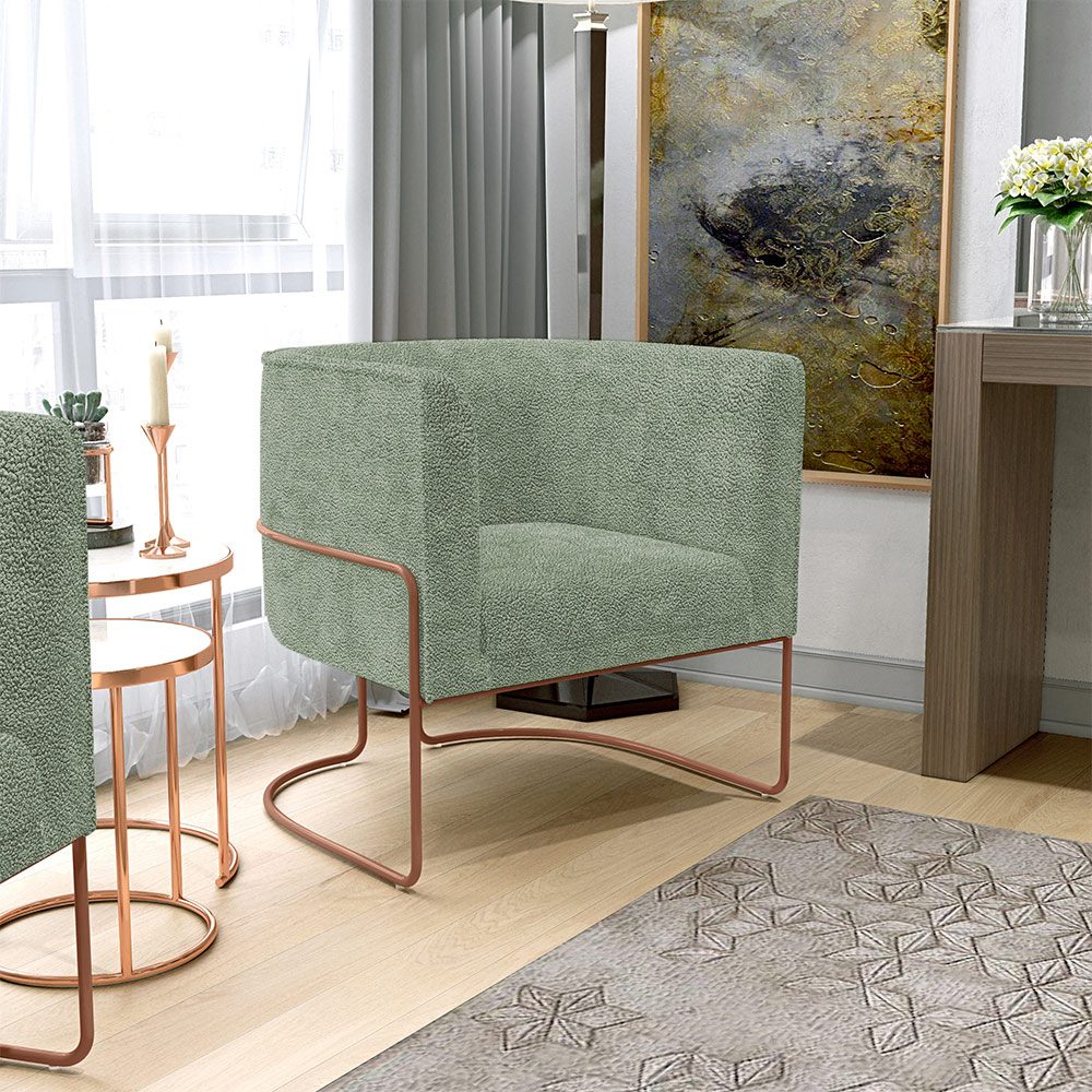Poltrona Para Sala De Estar Decorativa Fixa Base Aço New Cobre Betina D02 Bouclê Oliva - Lyam Decor