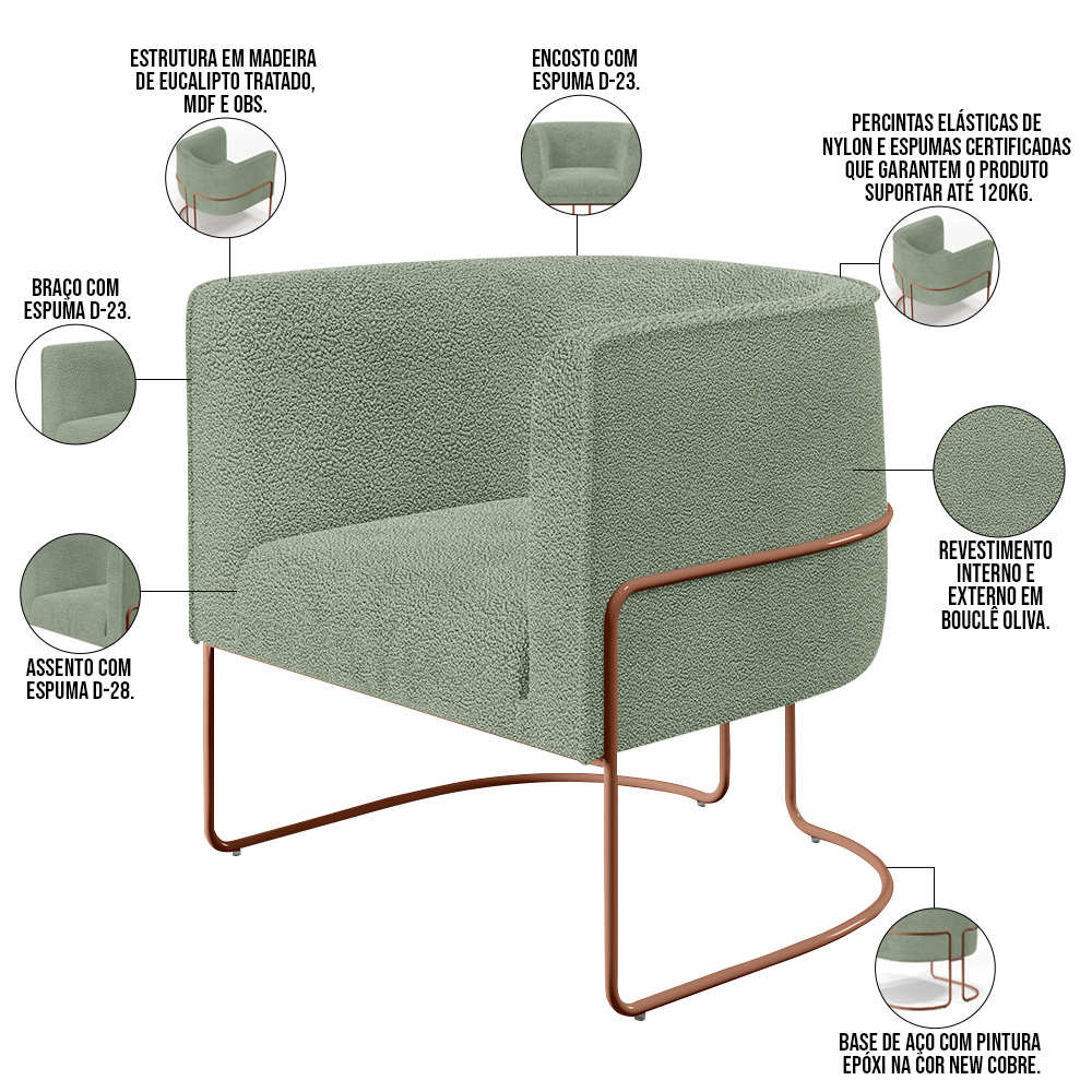 Poltrona Para Sala De Estar Decorativa Fixa Base Aço New Cobre Betina D02 Bouclê Oliva - Lyam Decor