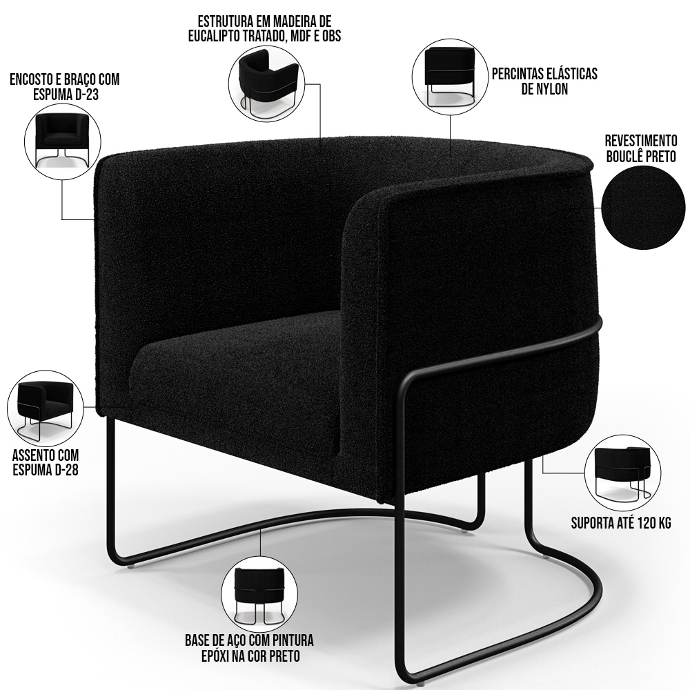 Poltrona Para Sala De Estar Decorativa Fixa Base Aço Preto Betina D02 Bouclê Preto - Lyam Decor