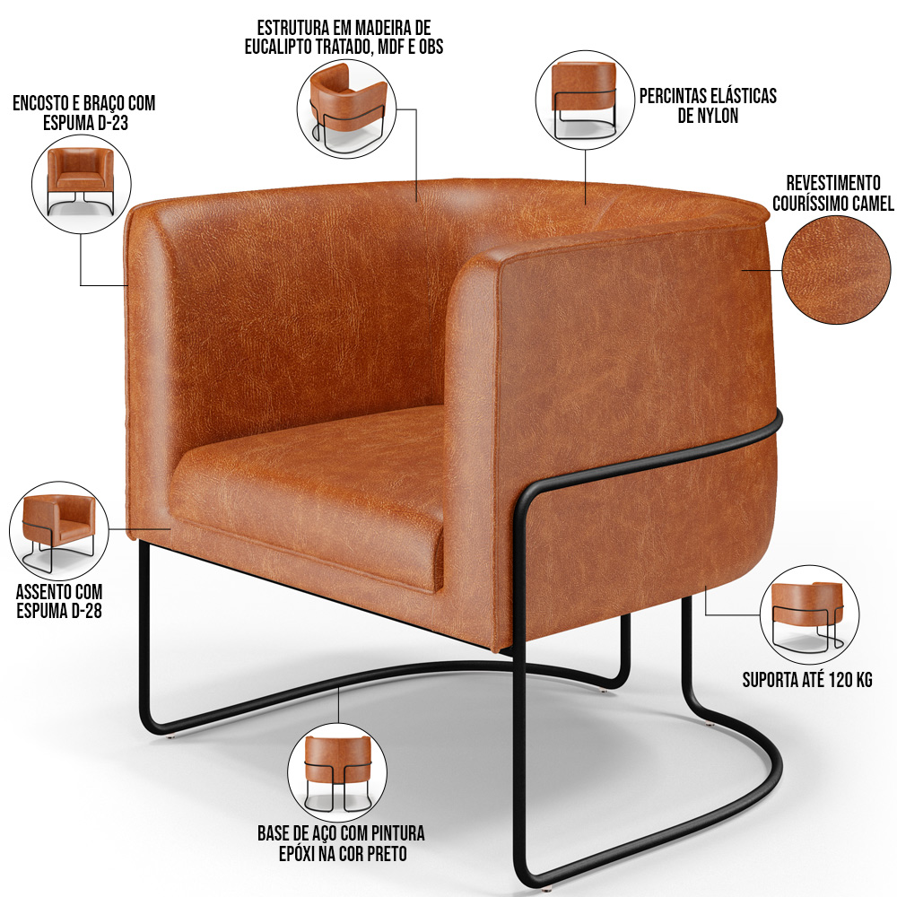 Poltrona Para Sala De Estar Decorativa Fixa Base Aço Preto Betina D02 Couríssimo Camel - Lyam