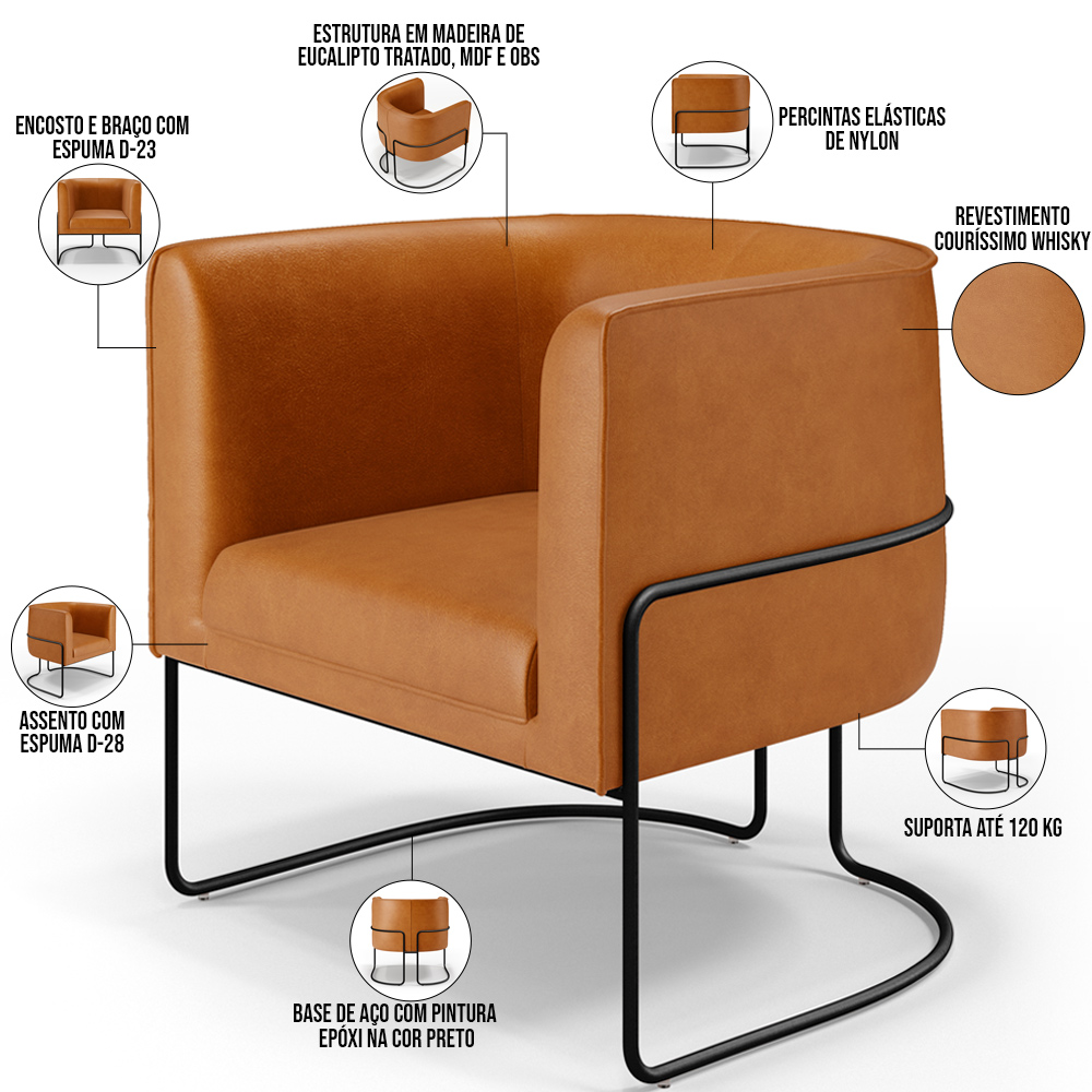 Poltrona Para Sala De Estar Decorativa Fixa Base Aço Preto Betina D02 Couríssimo Whisky - Lyam