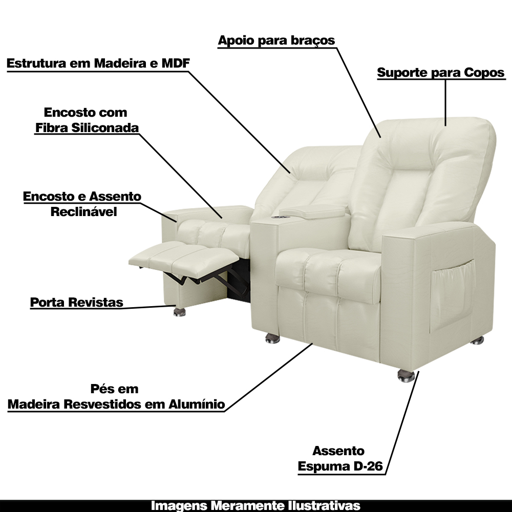 Poltrona Reclinável 2 Lugares Sala de Cinema Romeo F05 Facto Bege - Lyam Decor