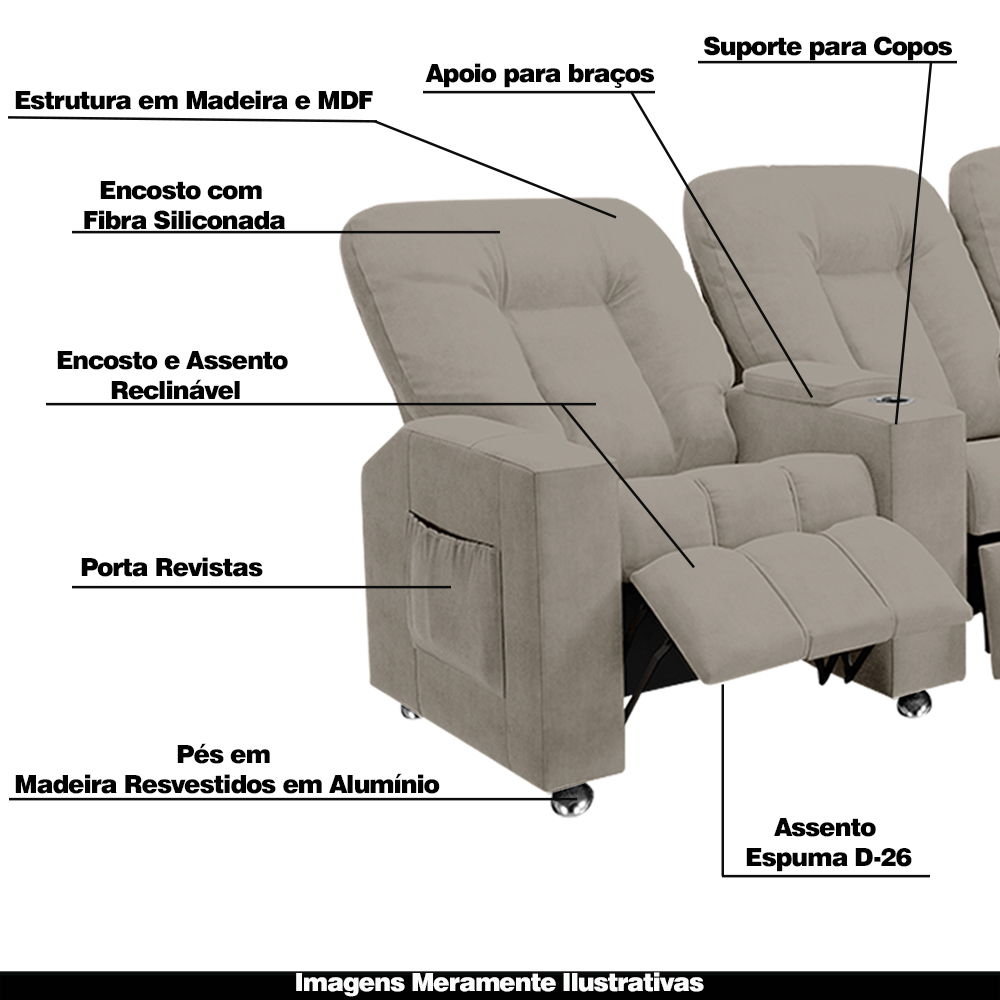 Poltrona Reclinável 3 lugares para Sala de Cinema Romeo F05 Veludo Capuccino - Lyam Decor