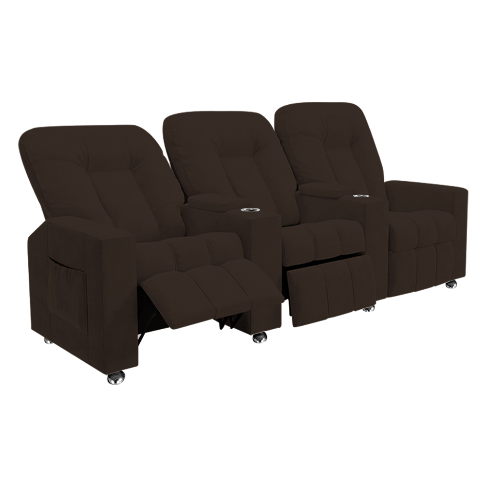 Poltrona Reclinável 3 lugares para Sala de Cinema Romeo F05 Veludo Marrom - Lyam Decor