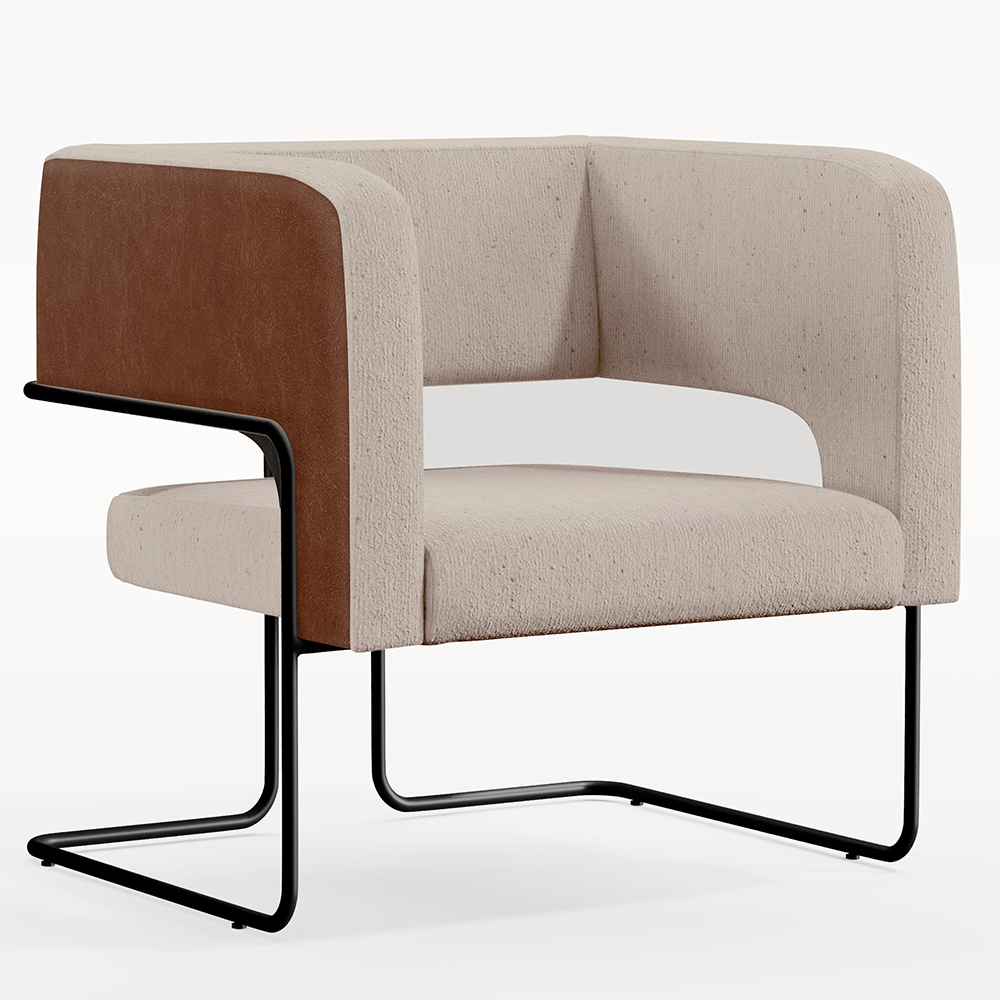 Poltrona Scarlett D02 Base Aço Preto Couríssimo Marrom B-38 Linho Bege C-107 - Lyam Decor