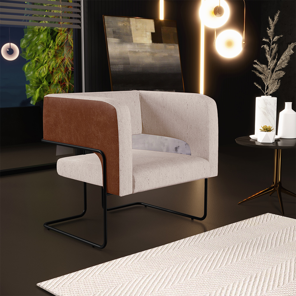 Poltrona Scarlett D02 Base Aço Preto Couríssimo Marrom B-38 Linho Bege C-107 - Lyam Decor