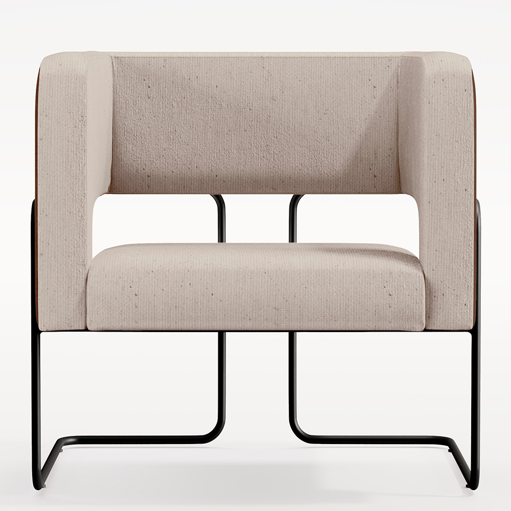 Poltrona Scarlett D02 Base Aço Preto Couríssimo Marrom B-38 Linho Bege C-107 - Lyam Decor
