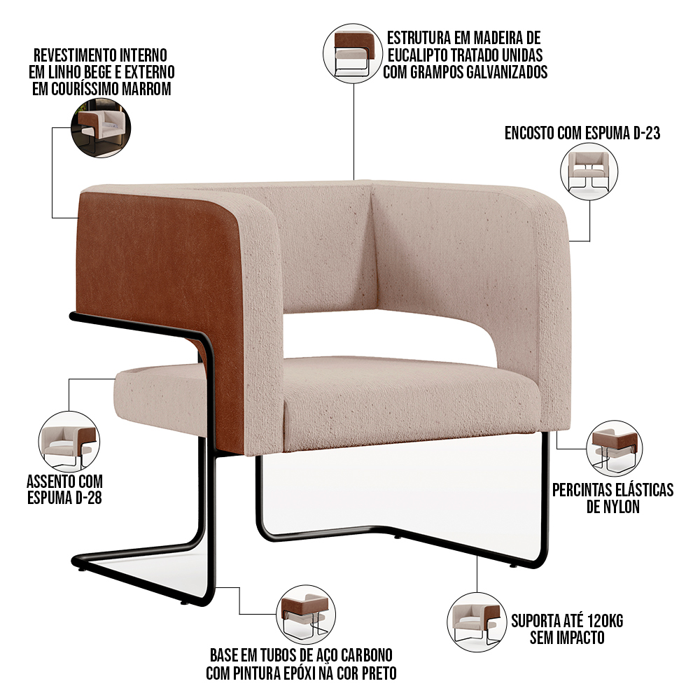 Poltrona Scarlett D02 Base Aço Preto Couríssimo Marrom B-38 Linho Bege C-107 - Lyam Decor