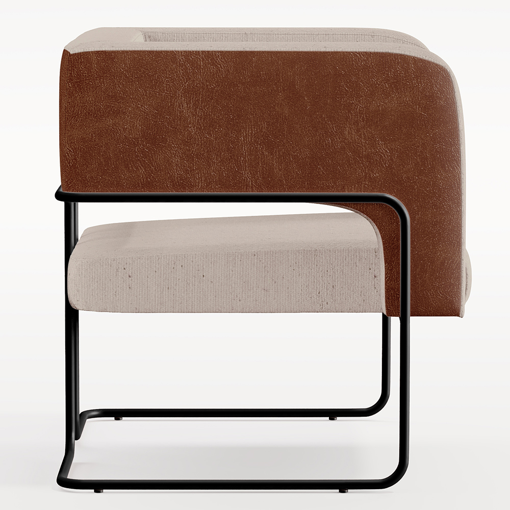 Poltrona Scarlett D02 Base Aço Preto Couríssimo Marrom B-38 Linho Bege C-107 - Lyam Decor