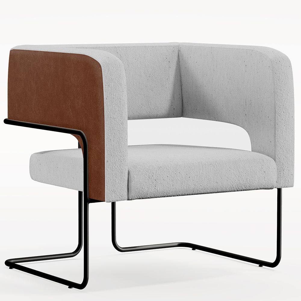 Poltrona Scarlett D02 Base Aço Preto Couríssimo Marrom B-38 Linho Cinza D-315 - Lyam Decor