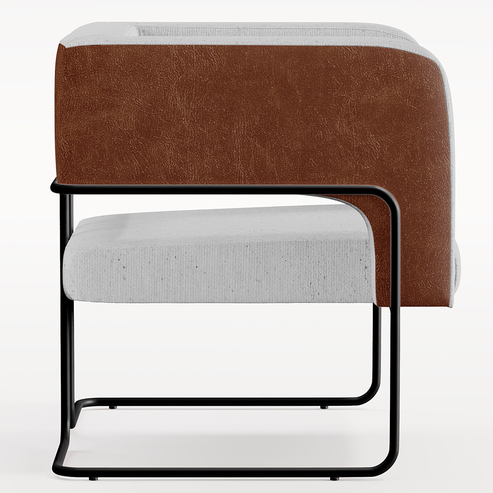 Poltrona Scarlett D02 Base Aço Preto Couríssimo Marrom B-38 Linho Cinza D-315 - Lyam Decor