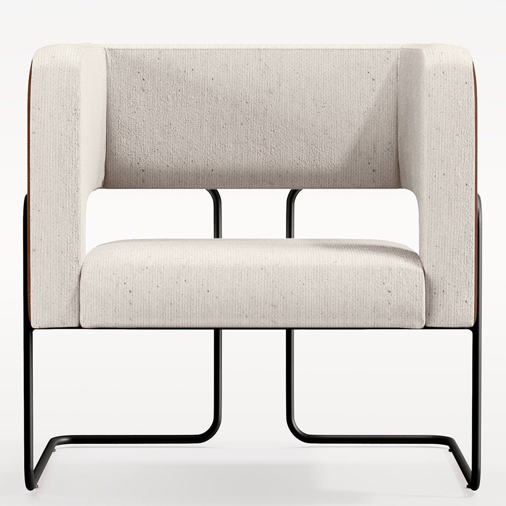 Poltrona Scarlett D02 Base Aço Preto Couríssimo Marrom B-38 Linho Cru C-443 - Lyam Decor