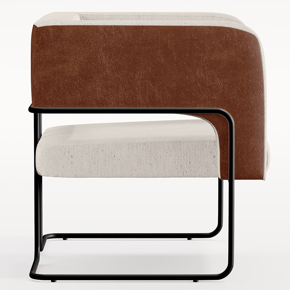 Poltrona Scarlett D02 Base Aço Preto Couríssimo Marrom B-38 Linho Cru C-443 - Lyam Decor