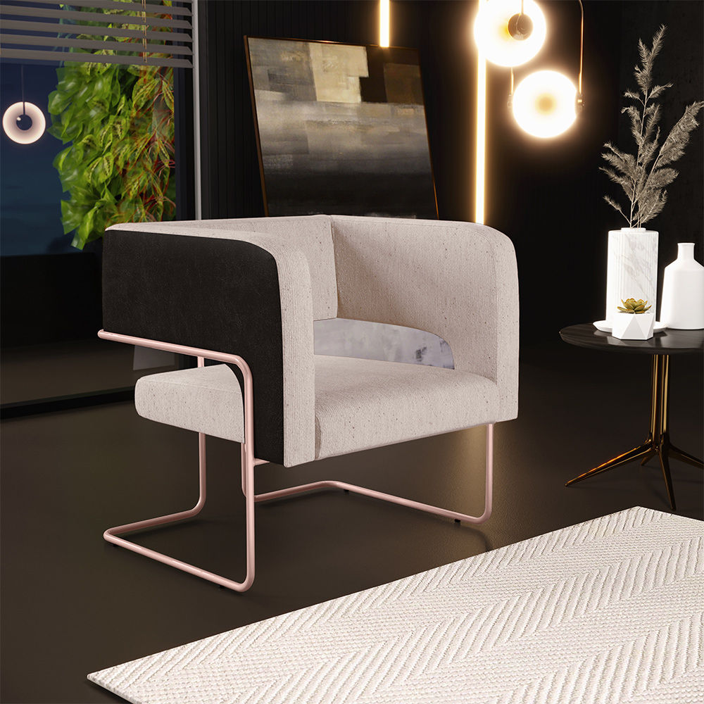 Poltrona Scarlett D02 Base De Aço New Cobre Corano Preto C-05 Linho Bege C-107 - Lyam Decor