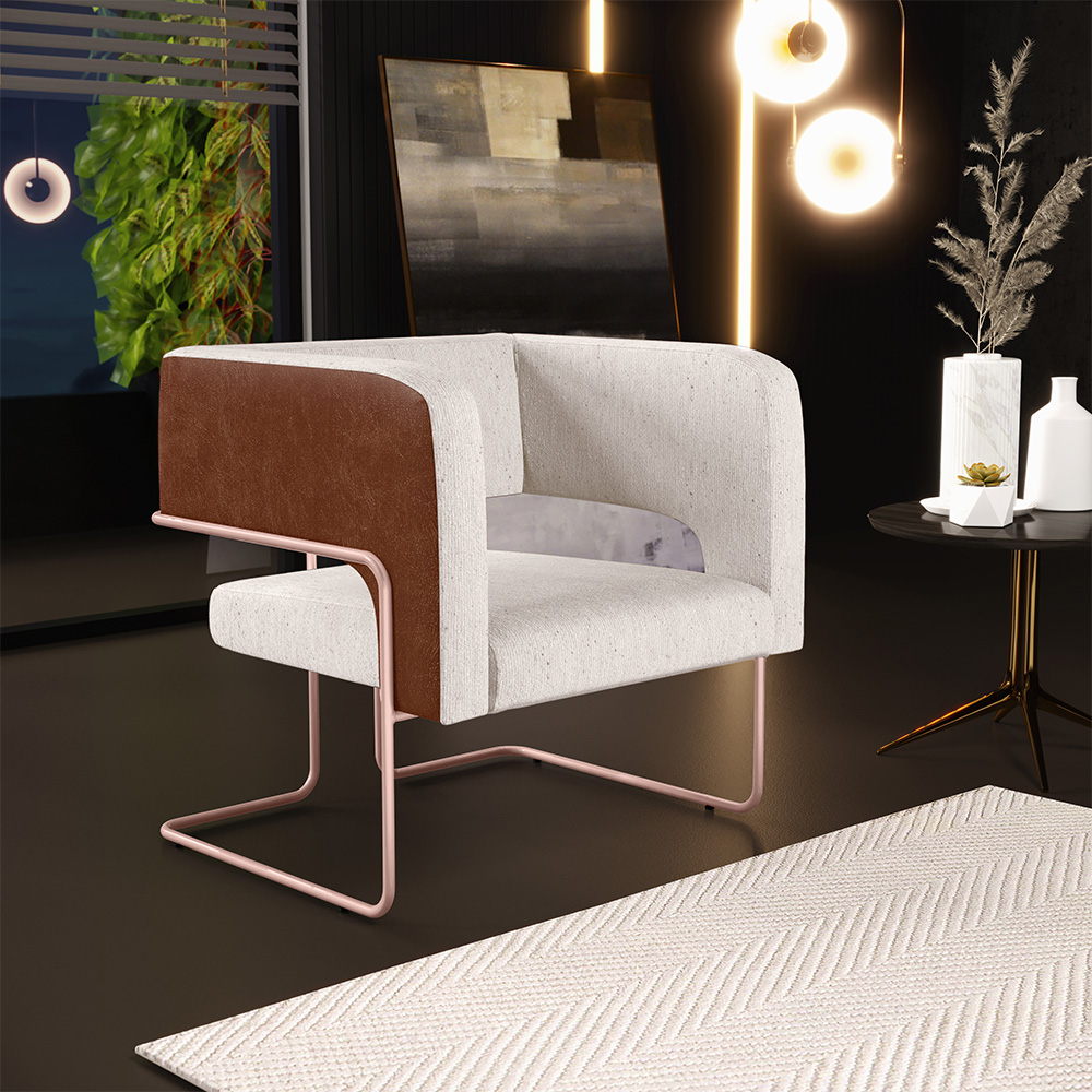 Poltrona Scarlett D02 Base De Aço New Cobre Couríssimo Marrom B-38 Linho Cru C-443 - Lyam Decor