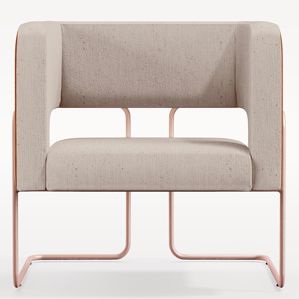 Poltrona Scarlett D02 Base De Aço New Cobre Courissímo Camel B-14 Linho Bege C-107 - Lyam Decor