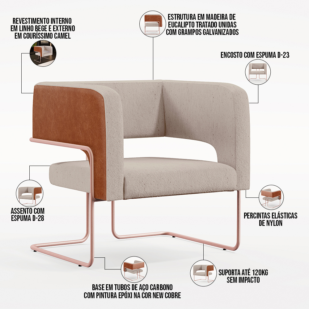 Poltrona Scarlett D02 Base De Aço New Cobre Courissímo Camel B-14 Linho Bege C-107 - Lyam Decor