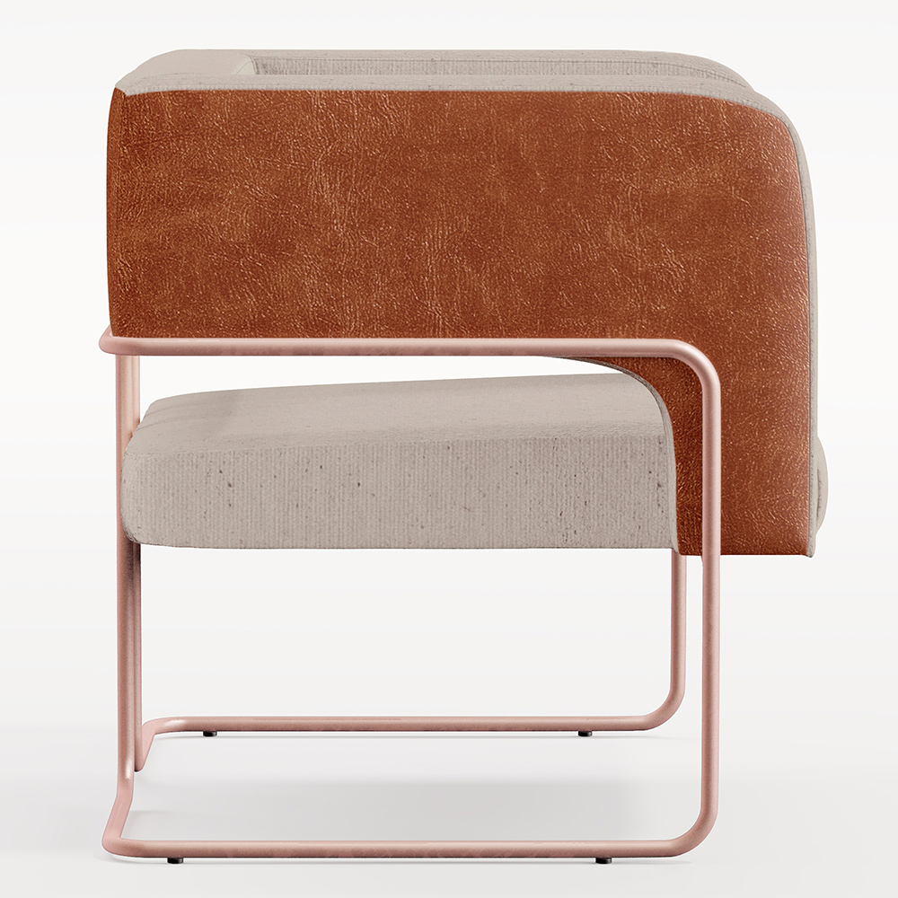 Poltrona Scarlett D02 Base De Aço New Cobre Courissímo Camel B-14 Linho Bege C-107 - Lyam Decor