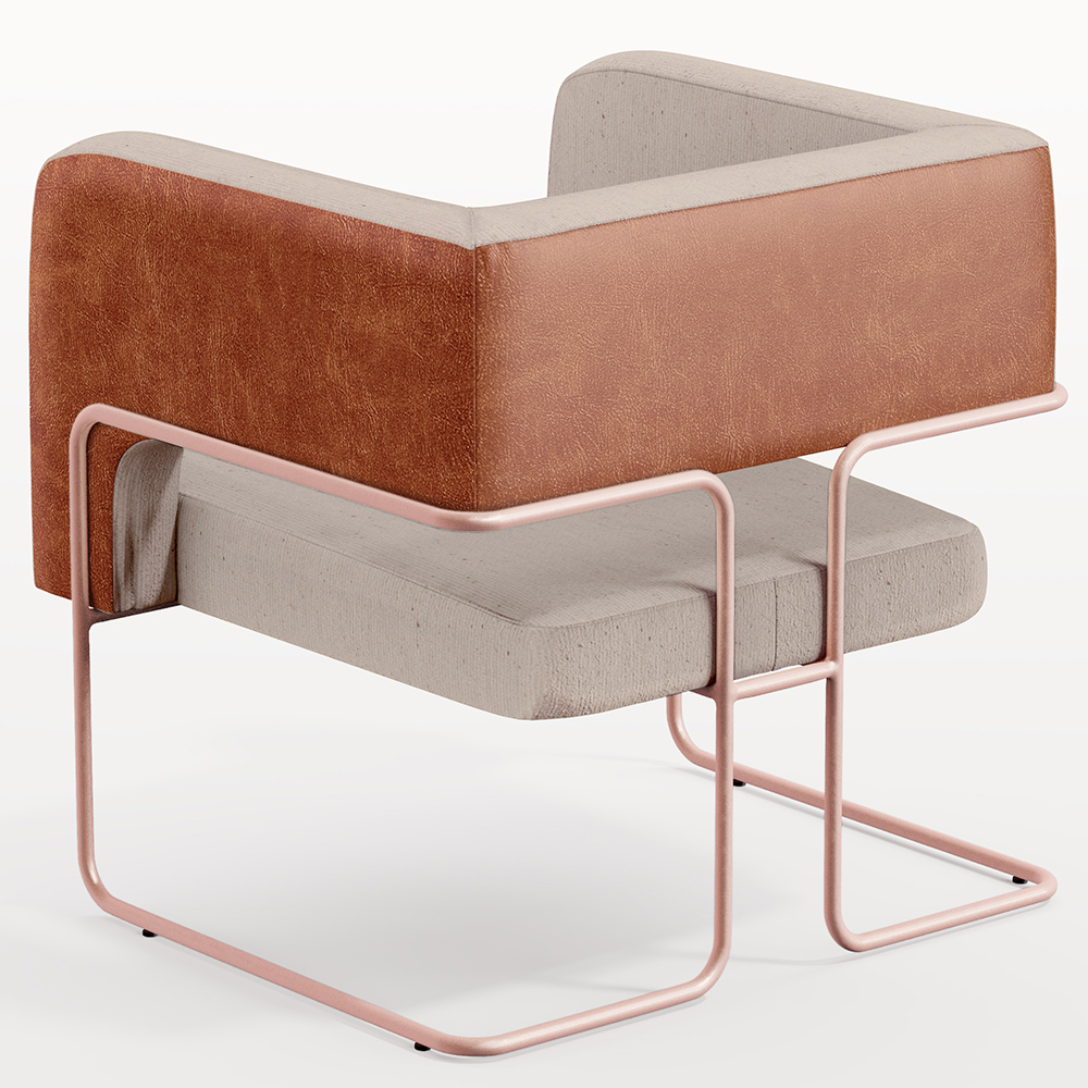 Poltrona Scarlett D02 Base De Aço New Cobre Courissímo Camel B-14 Linho Bege C-107 - Lyam Decor