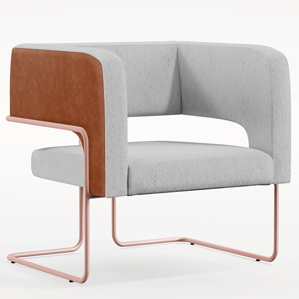Poltrona Scarlett D02 Base De Aço New Cobre Courissímo Camel B-14 Linho Cinza D-315 - Lyam Decor