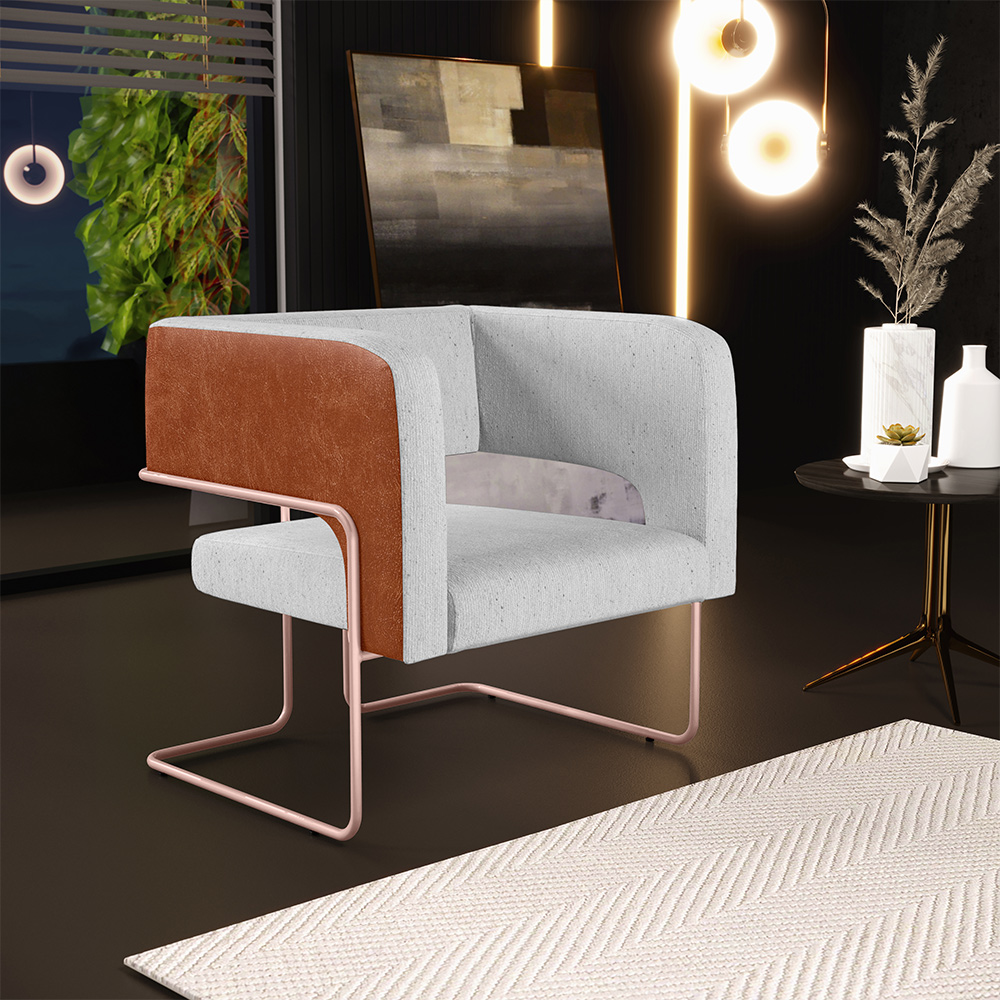Poltrona Scarlett D02 Base De Aço New Cobre Courissímo Camel B-14 Linho Cinza D-315 - Lyam Decor